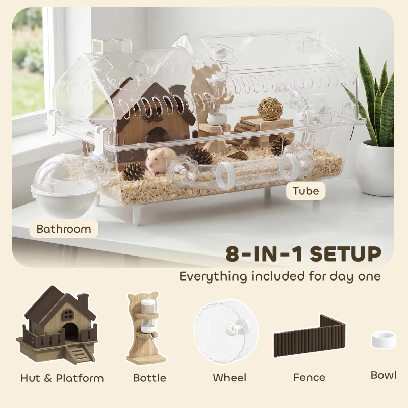PawHut Hamster Cage with Large Wheel & Hideout, Small Animal Habitat with Accessories, Clear Pet House, 21.5" x 11.8" x 12.6",