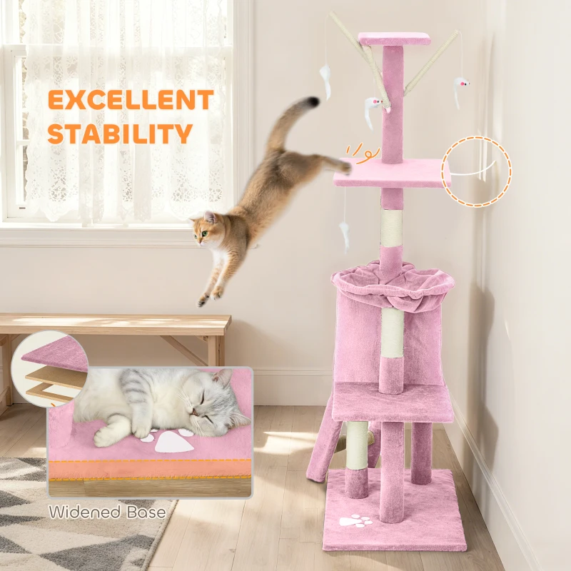 PawHut 53" Cat Tree Tower, Kitten Activity Centre with Scratching Posts, Condo, Perches, Ladder, Hammock, Dangling Toys, Pink