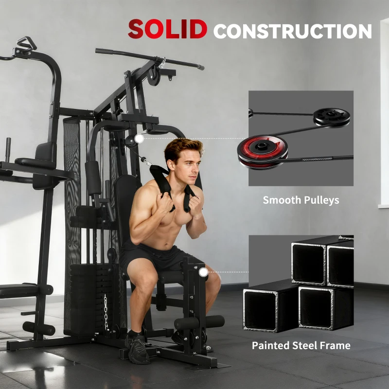 Soozier All-in-One Multi Home Gym Machine Workout Station with Weight Stack and Pulley System for Full Body Training, Black