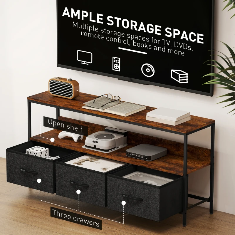 HOMCOM TV Stand with Charging Station, TV Table with 3 Foldable Linen Drawers and Open Shelf for 55 Inch Television, Rustic Brown