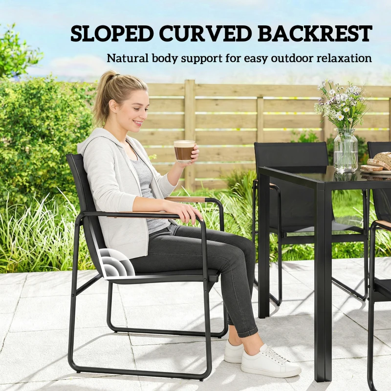 Outsunny 7 Pieces Outdoor Dining Set for 6, Glass Patio Table and Chairs with Decorative Armrests, All Weather Mesh, Black