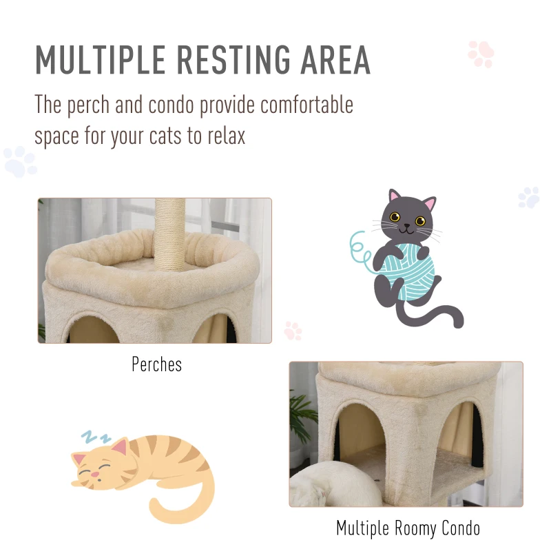 PawHut 3- Levels Plush Cat Tree Tower Ladder Shape Activity Center with Sisal Scratching Posts 3 Condos Funny Sticks and Balls, Beige