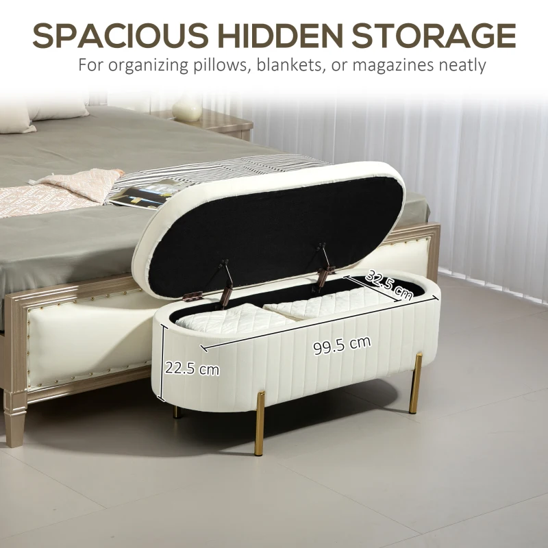 HOMCOM Upholstered Bedroom Bench, Channel Tufted Ottoman Bench with Thick Padding and Metal Legs, Cream White
