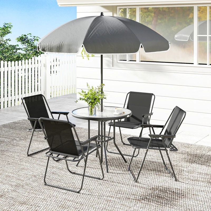 Outsunny 6 Pieces Patio Dining Set with Umbrella, Patio Furniture Set with Folding Chairs, Glass Table for Garden Backyard, Black