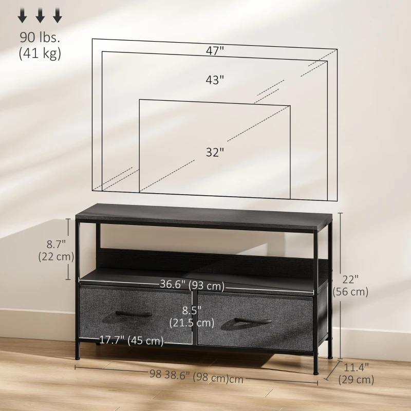 HOMCOM TV Stand with Charging Station, TV Table with 2 Foldable Linen Drawers and Open Shelf for 47 Inch Television, Black