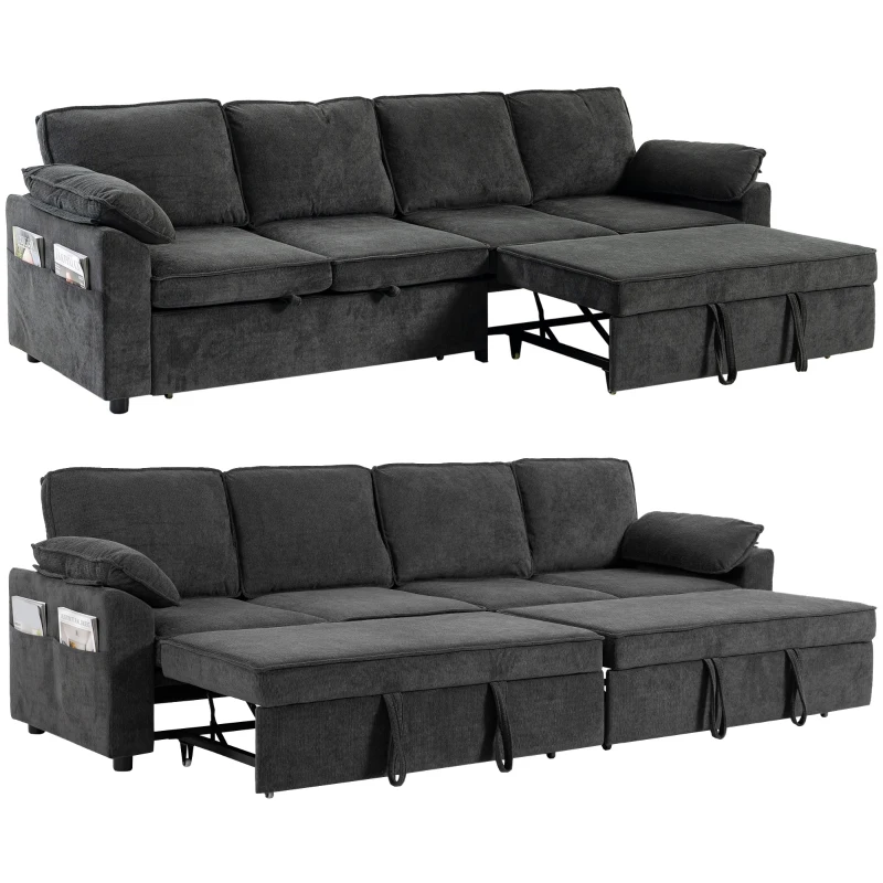 HOMCOM Sectional Sofa Bed, Double Pullout Sleeper Sofa Couch, Chenille Fabric, Dark Grey