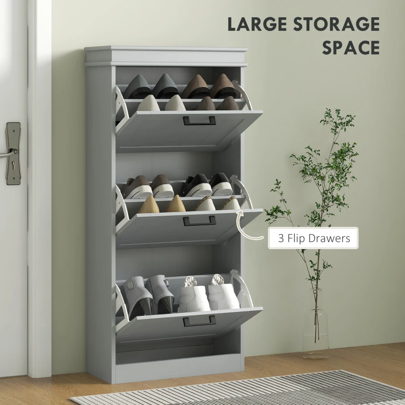 HOMCOM Slim Shoe Cabinet with 3 Flip Drawers and Adjustable Shelves, Narrow Shoe Cabinet for 15 Pairs of Shoes, Grey
