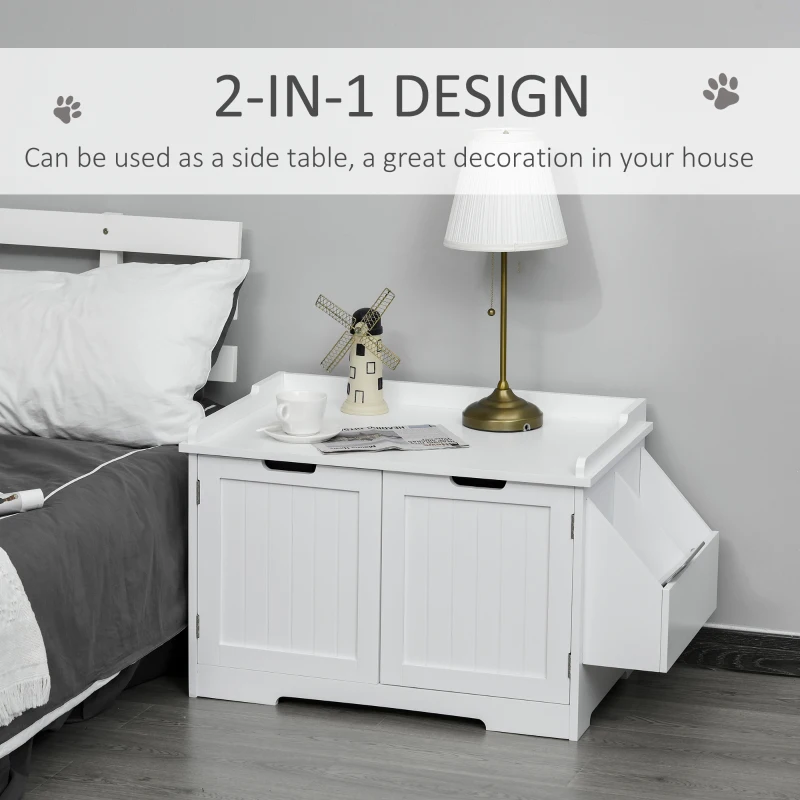 PawHut Wooden Cat Litter Box Enclosure, Hidden Cat Washroom, Kitten House with Nightstand End Table and Storage Rack Magnetic Doors, White