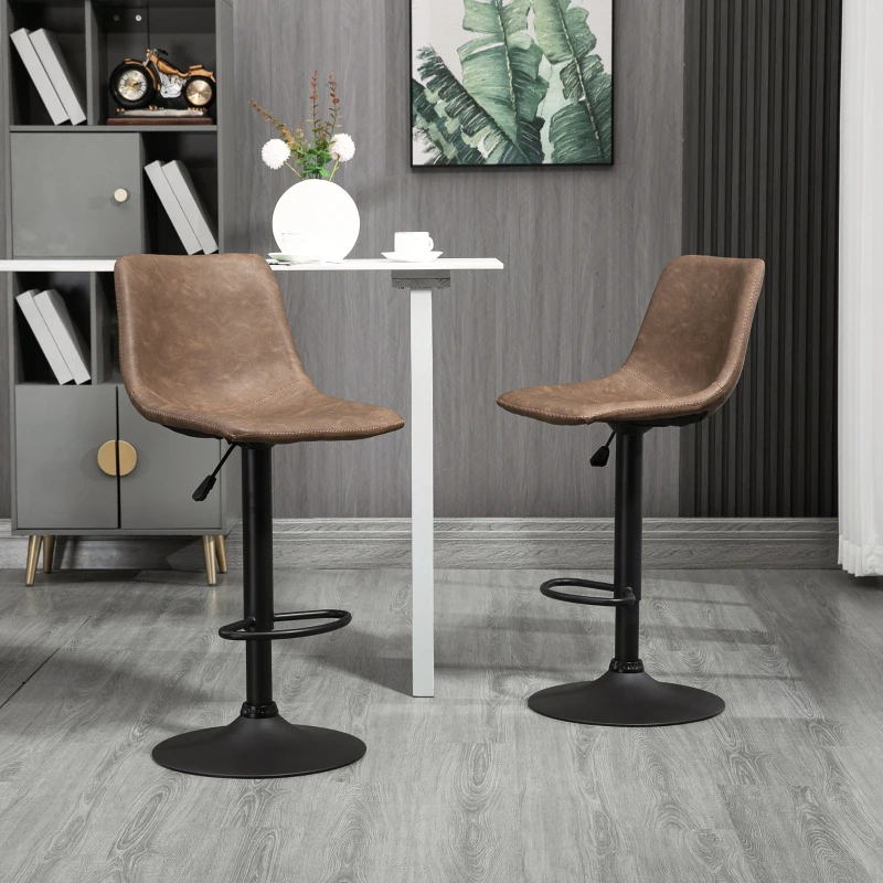 HOMCOM Adjustable Counter Height Bar Stools Set of 2, 360° Swivel Kitchen Counter Stools Dining Chairs with Backs, Vintage Leather, Brown