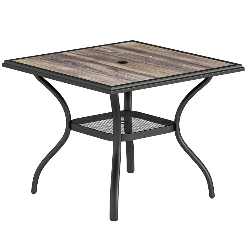 Outsunny Outdoor Dining Table for 4, Square Patio Table with Umbrella Hole, Shelf, Faux Wood Top for Garden, Backyard, Grey