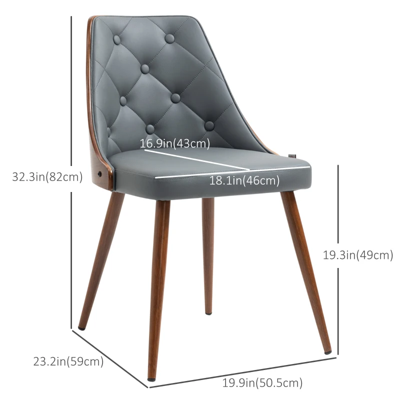 HOMCOM Dining Chairs Set of 2, Tufted Kitchen Chairs, PU Leather Upholstered Seats and Steel Legs for Dining Room, Grey