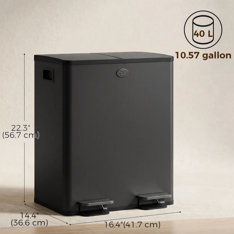 HOMCOM Garbage Bin, Soft-Close Trash Can with Foot Pedal, 2x5 Gallon (2x20 L) Garbage Can with Removable Inner Buckets, Black