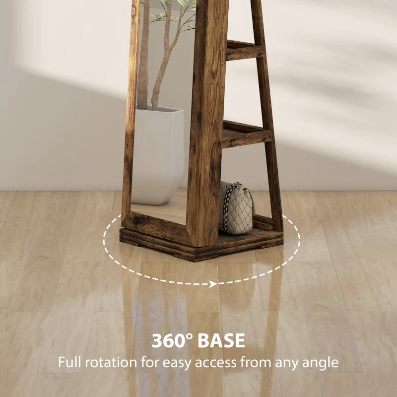 HOMCOM 360° Swivel Jewelry Armoire, Lockable Mirror Jewelry Cabinet with Built-In Small Mirror, Rustic Brown