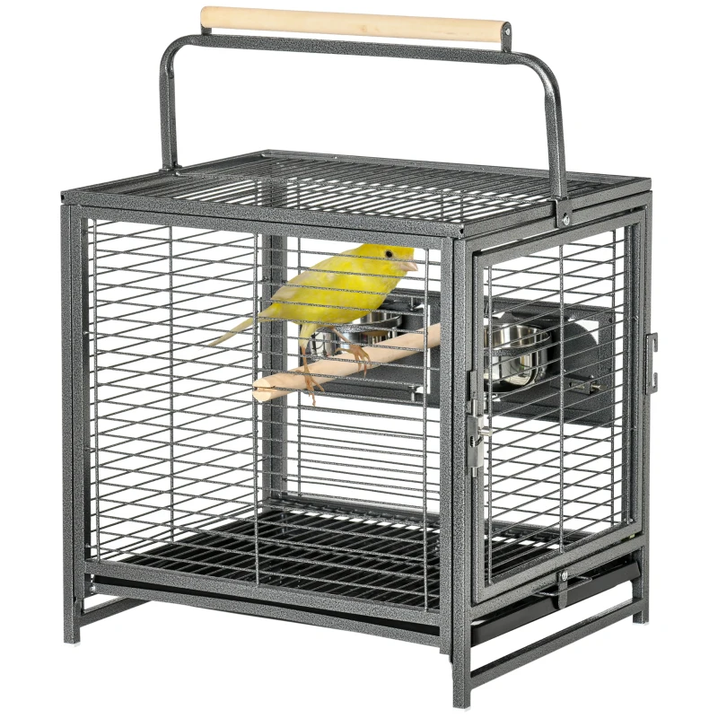 PawHut Bird Travel Carrier Cage, Portable Metal Bird Cage for Parrots Conures Cockatiel Parakeets with Stand Perch, Stainless Steel Bowls, Pull Out Tray, 19" x 15" x 26", Black