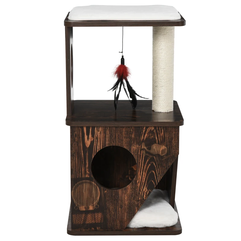 PawHut 2-Level Cat Tree Wooden Activity Tower for Pets with Super Soft Cushions, Fun Cat Feather Rope, and Scratch Posts
