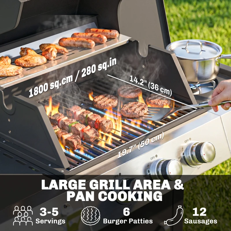 Outsunny 3 Burner Propane Gas Grill with Side Burner, 36,000 BTU BBQ Grill with Cast Iron Grates, Wheels, Warming Rack, Cabinet