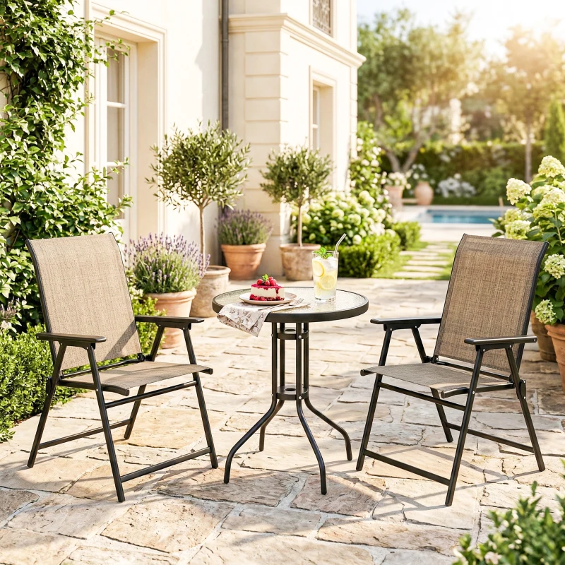 Outsunny 3 Pieces Bistro Set, Small Patio Furniture Set with Stackable Mesh Chairs, Glass Table for Garden, Light Mixed Brown