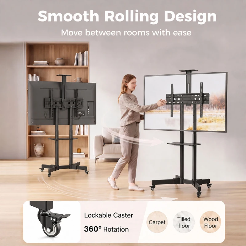 HOMCOM Rolling TV Stand for 32-75 Inch Screens, Mobile TV Stand with Tilt, Height Adjustable, Locking Wheels, Black