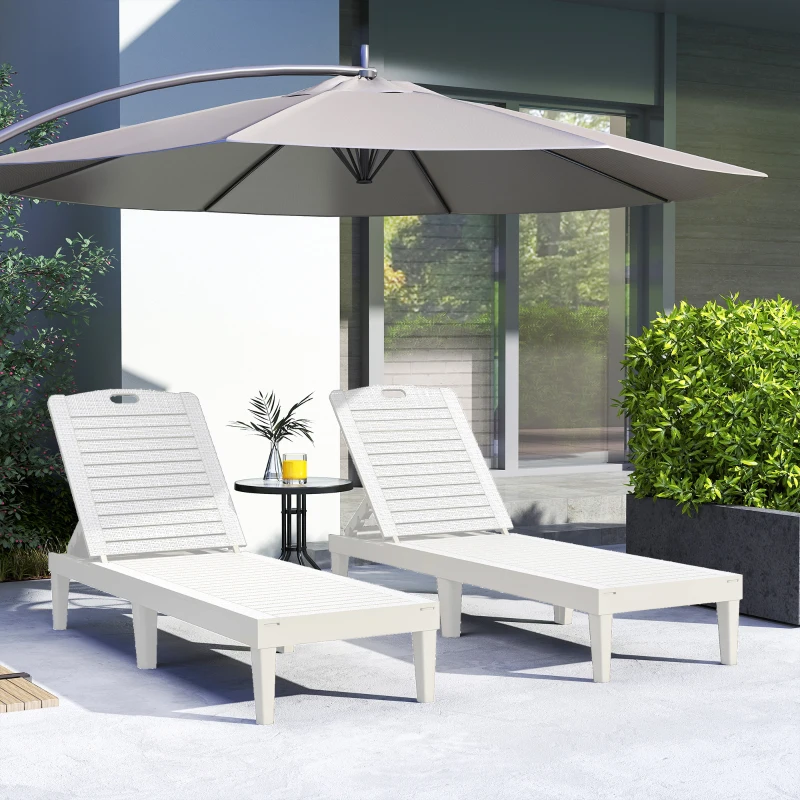 Outsunny Outdoor Lounge Chair Set of 2, Waterproof Resin Lounge Chairs with 4-Position Adjustable Backrest for Backyard, White