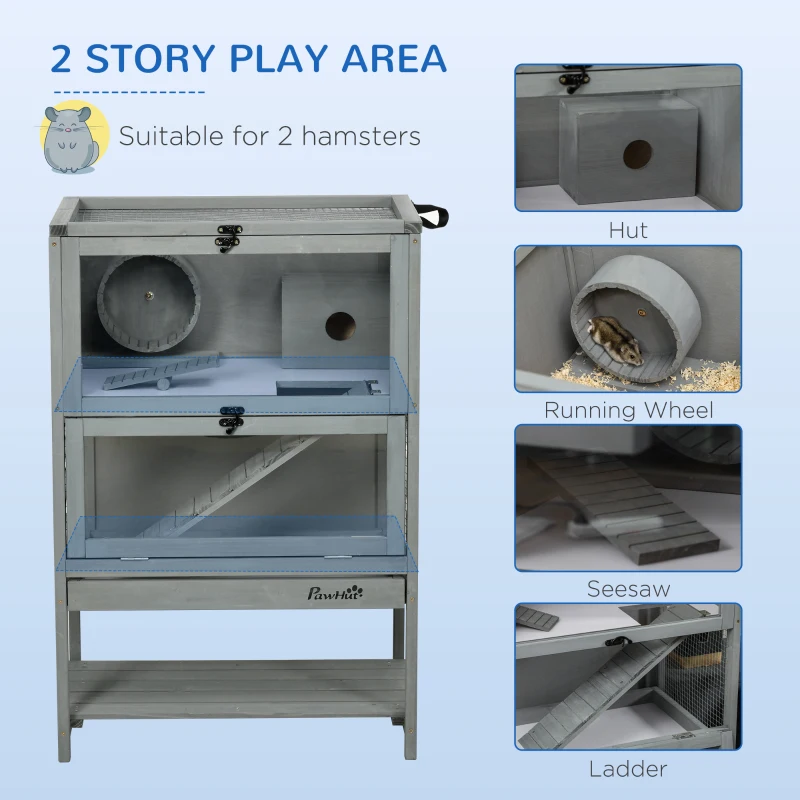 PawHut Wooden Hamster Cage with Storage Shelf, Large Rat Mouse Habitat Including Seesaw, Small Animal Cage with Sliding Tray