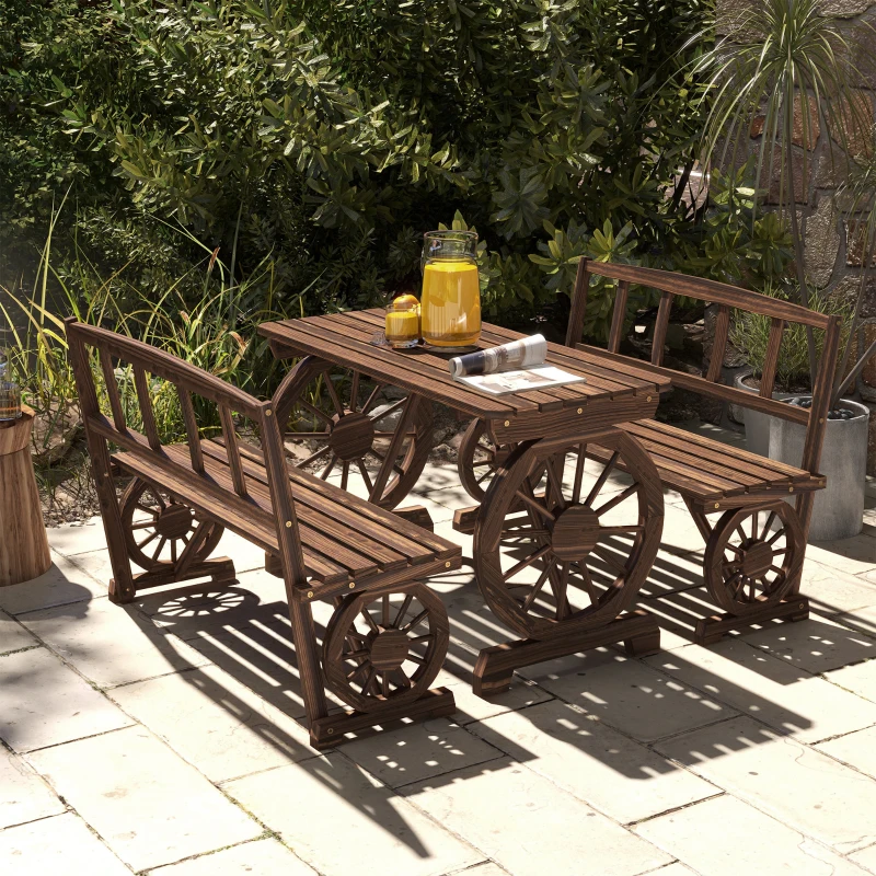 Outsunny Wooden Patio Table and Chairs for 4 People 3-Piece Carriage Wheels Design for Porch, Backyard, Balcony, Carbonized