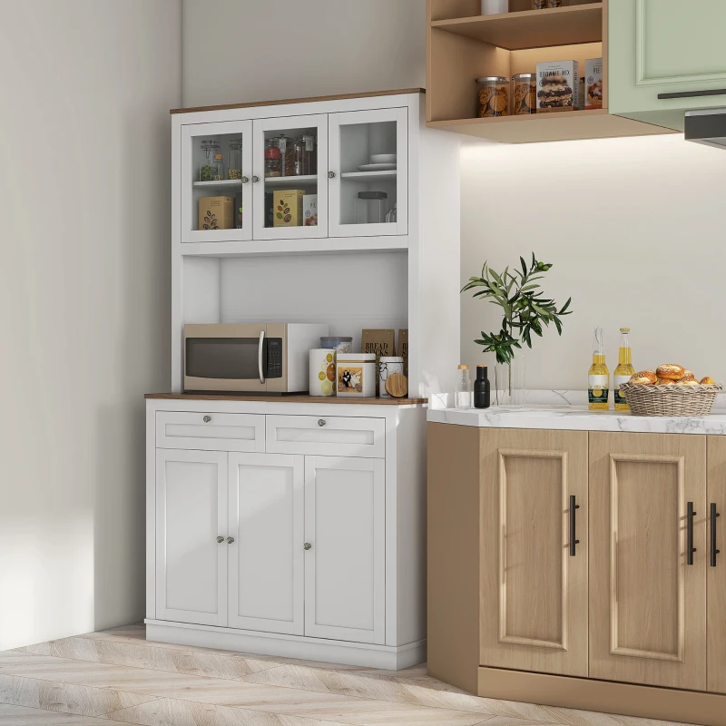 HOMCOM 71" Pantry Cabinet with Microwave Space, Buffet with Hutch, 2 Drawers, Adjustable Shelves and Glass Doors, White