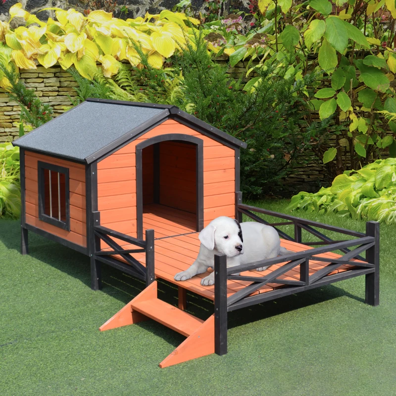 PawHut Wooden Dog House with Porch, Outside Dog House with Water-resistant Asphalt Roof, Ladders, Fencing, Window, for Small and Medium Dogs, Natural