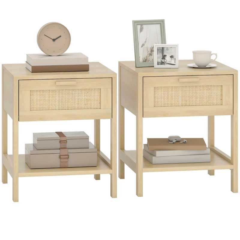 HOMCOM Narrow Nightstand with Rattan Elements, Bedside Table with Drawer and Storage Shelf for Bedroom, Set of 2, Natural Wood