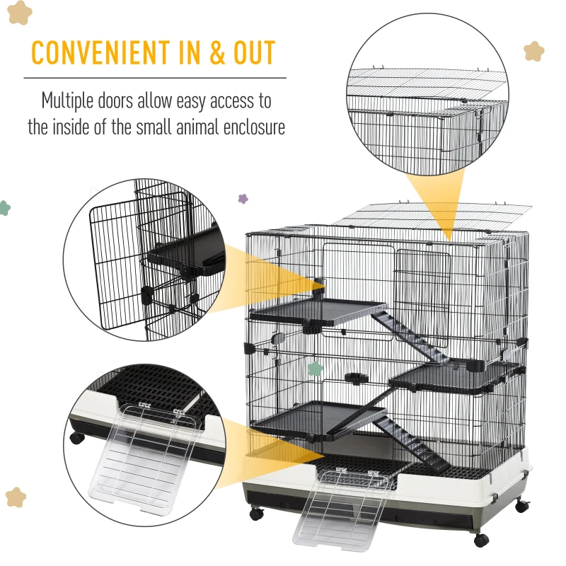 PawHut 43" Small Animal Cage with Wheels, 4-Level Portable Bunny Cage, Chinchilla Ferret Cage with Removable Tray, Platform and Ramp