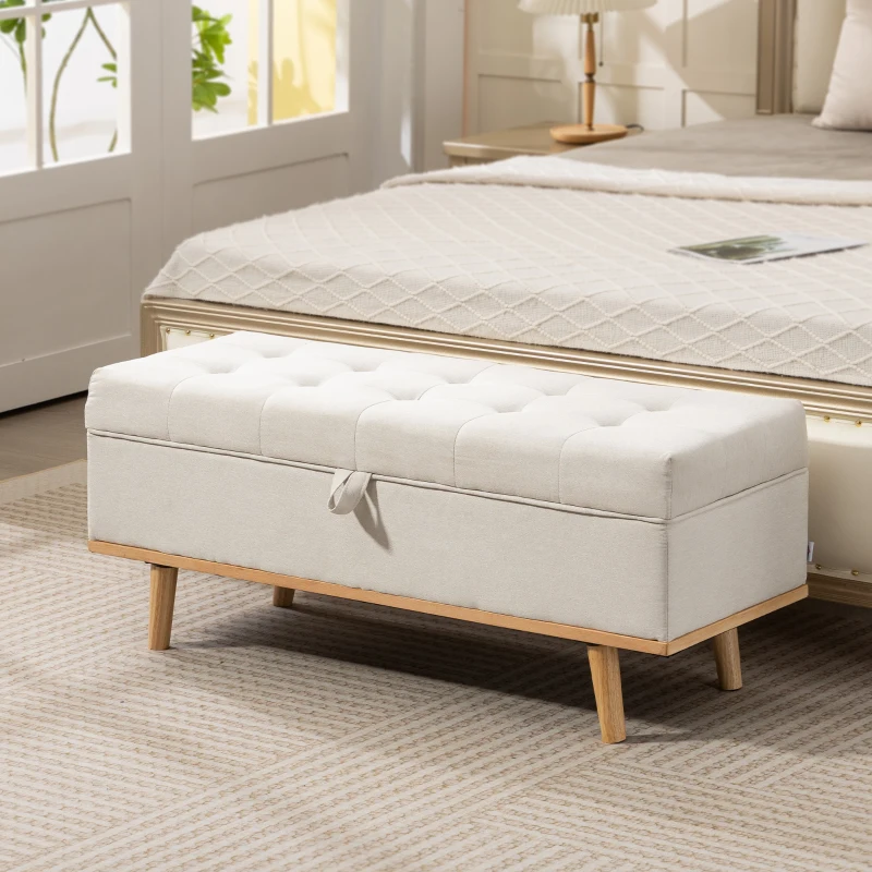 HOMCOM Storage Ottoman Bench, Foot Rest with Lift-Up Lid and Wood Legs, Linen Storage Chest for Living Room, Cream White