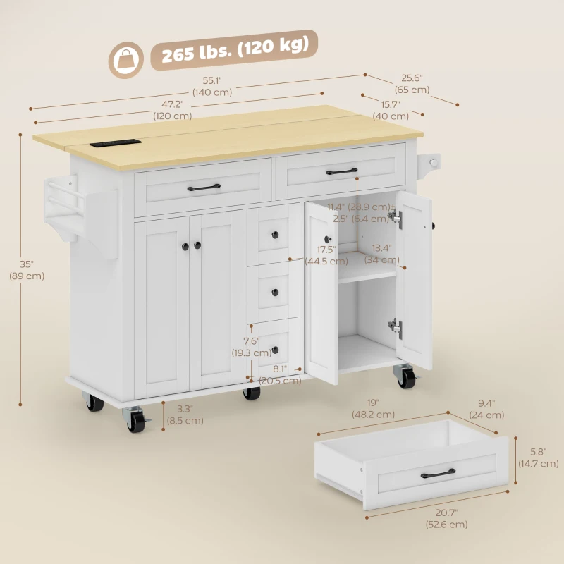 HOMCOM Kitchen Island Cart with Power Outlet & Drop Leaf, 55" Rolling Kitchen Island on Wheels with Storage, White