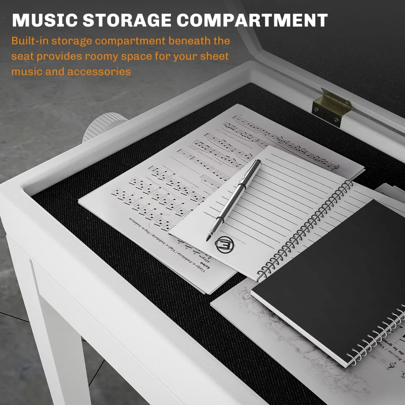 HOMCOM Adjustable Piano Bench with Storage and Soft PU Leather Padded, with Enough Music Storage Design, White