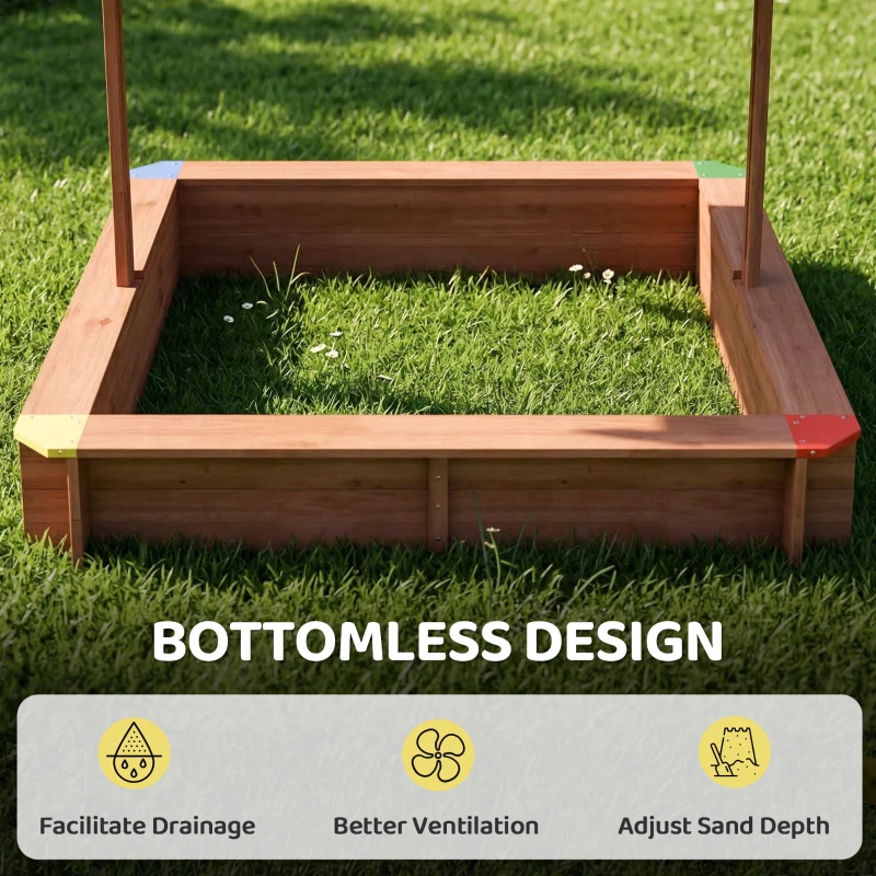 Outsunny Wooden Sandbox with Cover, Kids Sandbox Outdoor with Adjustable Canopy and Seats for Backyard, Beach, Dark Brown