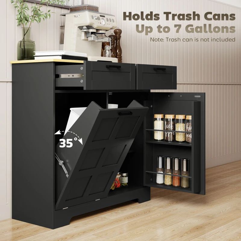 HOMCOM 13 Gallon Tilt Out Garbage Cabinet, Kitchen Island with Trash Cabinet, 2 Drawers, Door Racks, Adjustable Shelves, Black