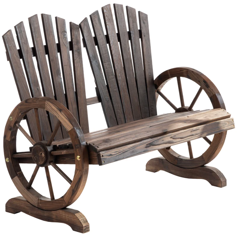 Outsunny Outdoor Garden Bench, 2- Seat Patio Wooden Bench with Wheel-Shaped Armrests for Yard, Carbonized color
