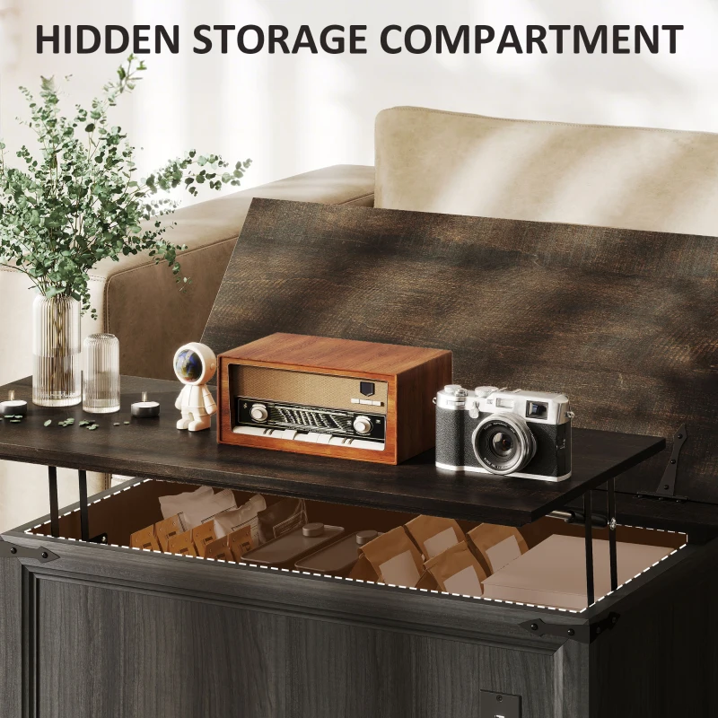 HOMCOM Lift Top Coffee Table with Charging Station, Square Farmhouse Center Table with Hidden Storage, Black Wood Grain
