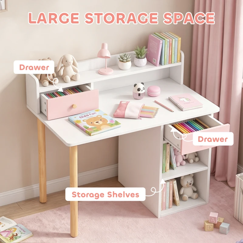 Qaba Kids Study Table and Chair Set, Kids Desk and Chair Set w/ Storage and Shelves, for 3-8 Year Old, Pink