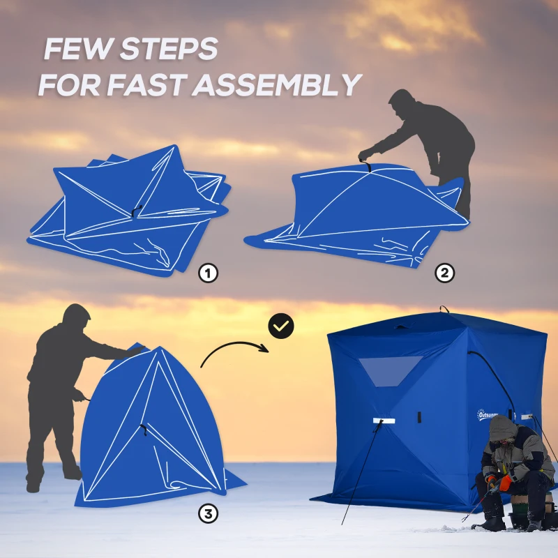 Outsunny 2-4 Person Pop-up Ice Fishing Tent Portable Ice Fishing Shelter with Windproof Windows and Carrying Bag Hub Fish Shelter, Blue