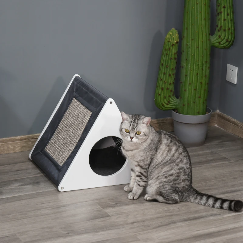 PawHut Wooden Cat House Triangle Shaped Bed Kitten Condo with Removable Cushion, Sisal Scratching Carpet, Grey and White