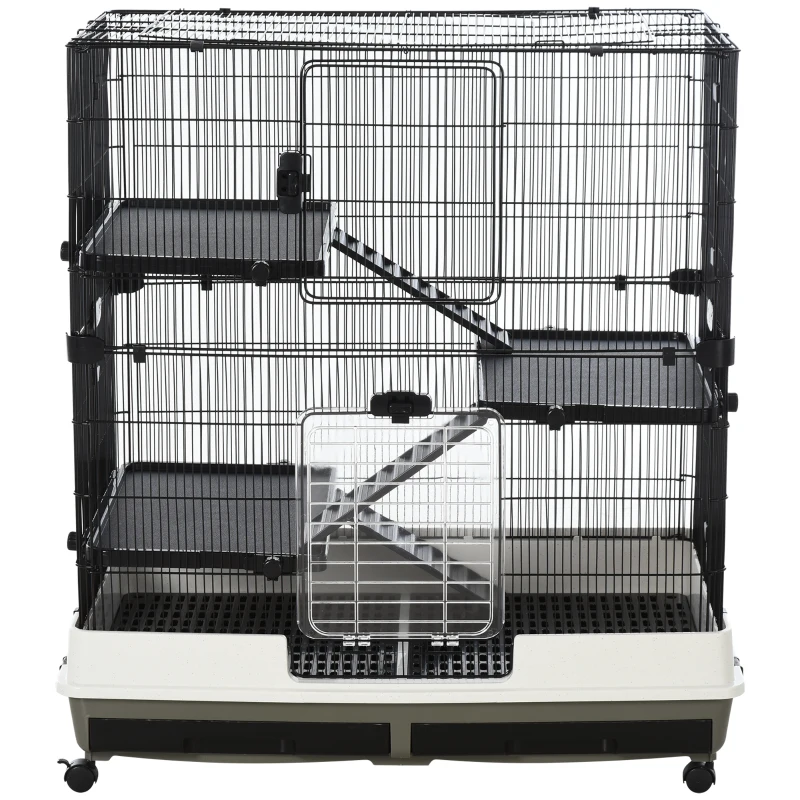 PawHut 43" Small Animal Cage with Wheels, 4-Level Portable Bunny Cage, Chinchilla Ferret Cage with Removable Tray, Platform and Ramp