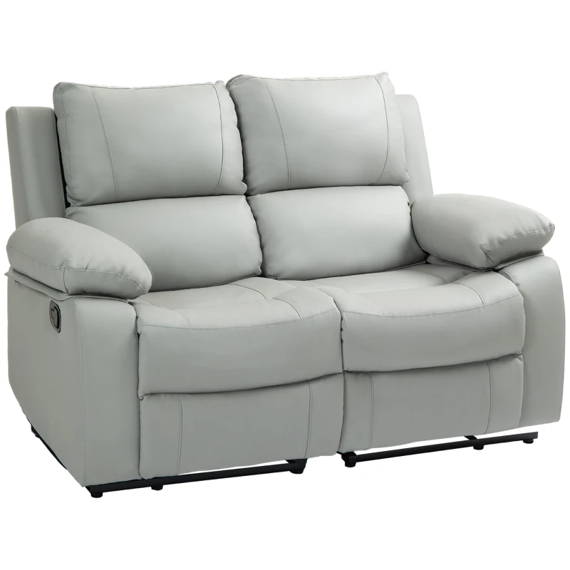 HOMCOM PU Leather Manual Recliner Sofa, Double Reclining Loveseat with Pull Tab Control Footrest for Living Room, Light Grey