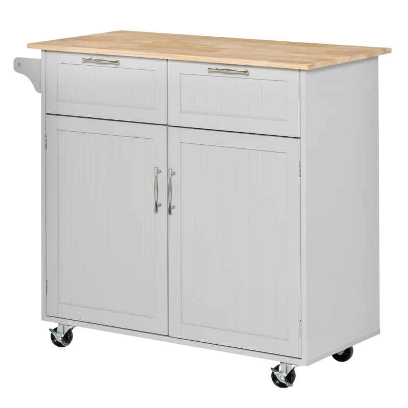 HOMCOM 41" Kitchen Island with Storage and Solid Wood Top, Rolling Kitchen Cart on Wheels with 2 Storage Drawers, 2 Doors and Towel Rack for Dining Room, Grey