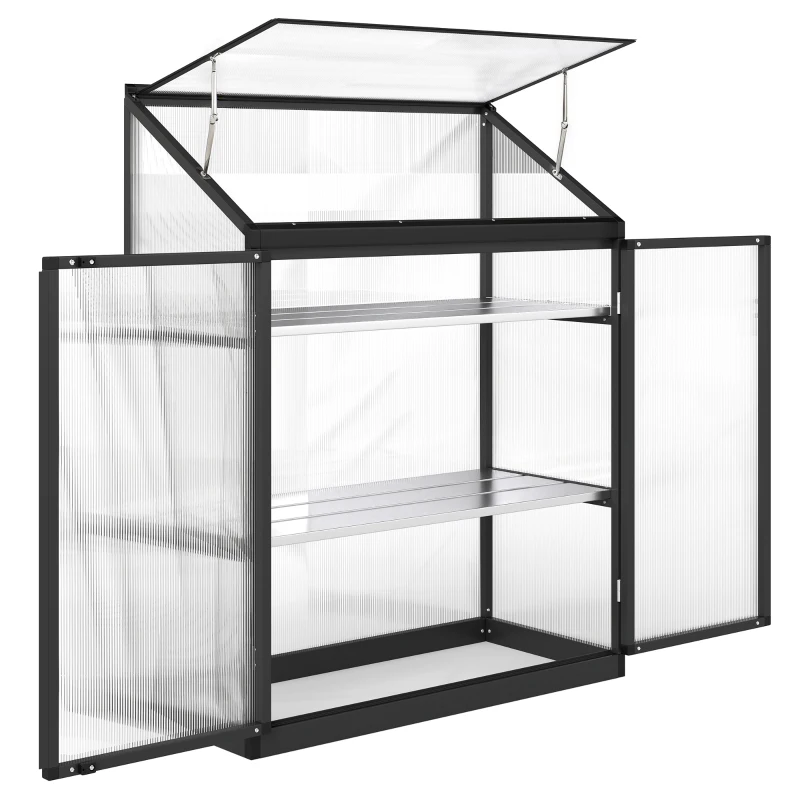 Outsunny Quick Assembly Polycarbonate Greenhouse with 2-Tier Shelves Gardening Green House for Patio Garden, Black