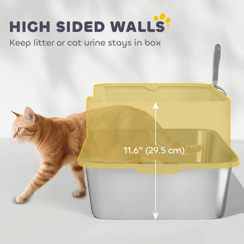 PawHut Stainless Steel Litter Box, XL High Sided Cat Litter Box with Scoop, Anti Leakage & Easy to Clean, 24" x 16" x 12", Grey