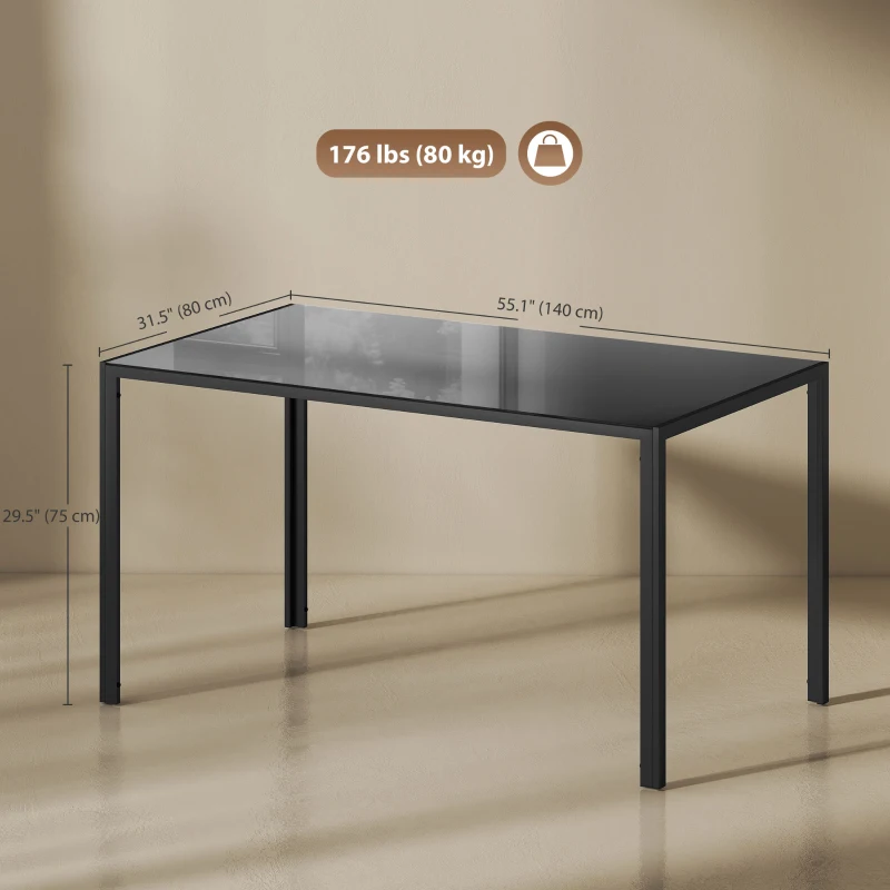 HOMCOM Rectangular Kitchen Table for 4 People, Dining Table with Tabletop Tempered Glass for Dining Room, Living Room, Black