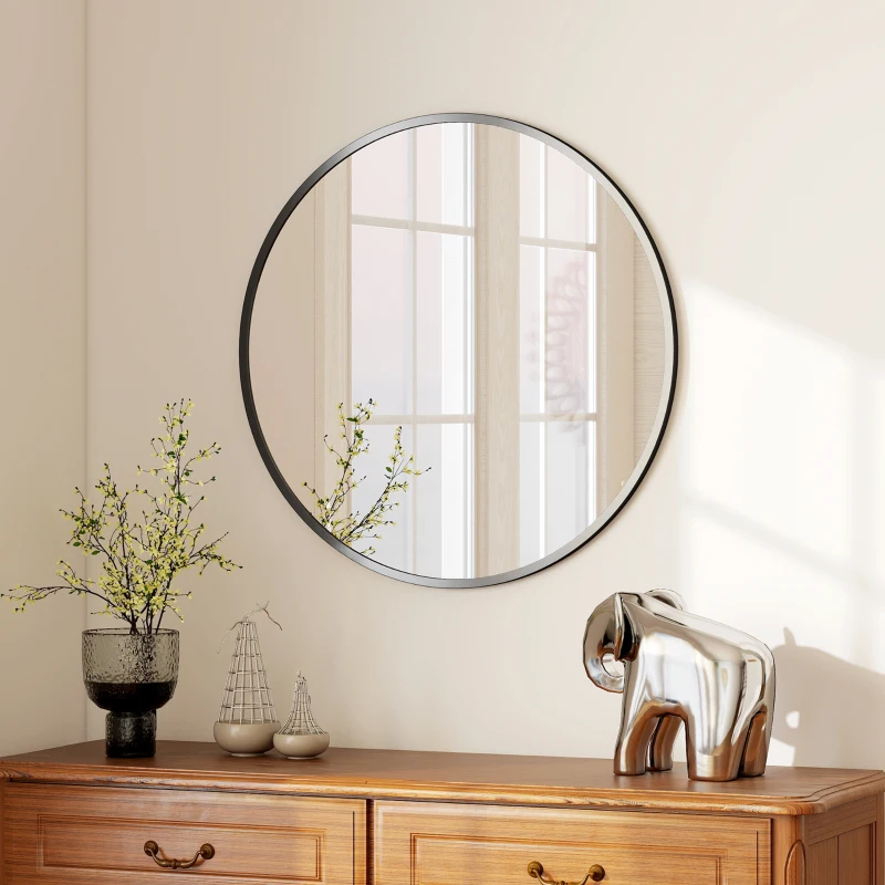 HOMCOM 30" Round Mirror, Bathroom Wall Mirror with Metal Frame, Decorative Vanity Mirror for Living Room, Bedroom, Black