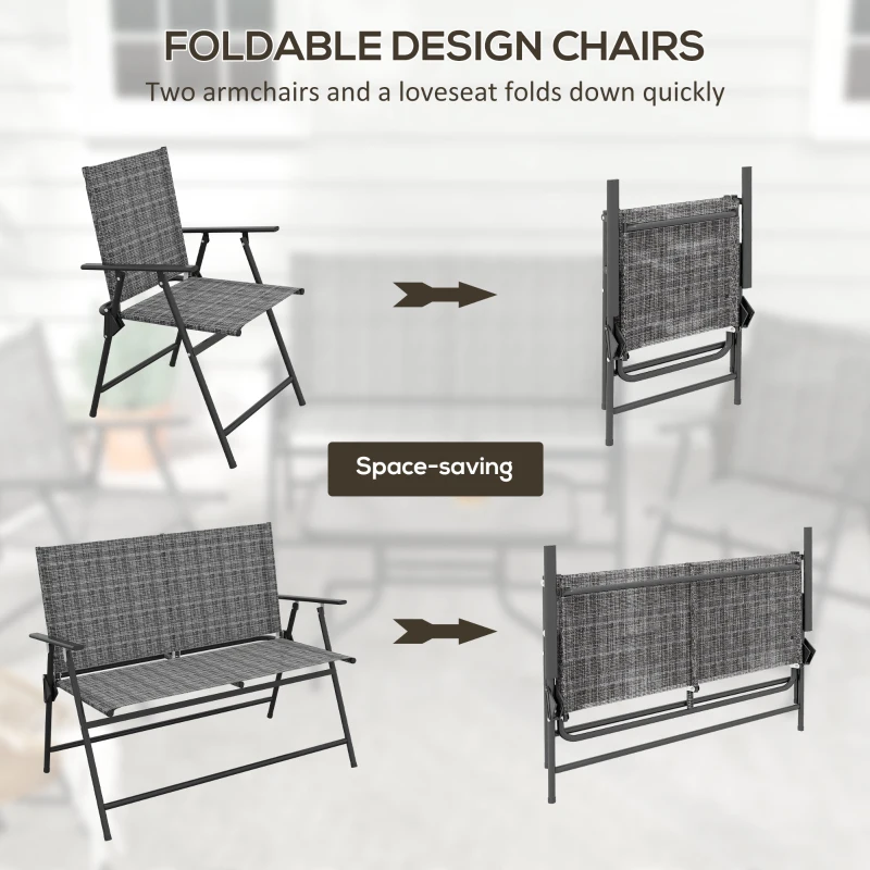 Outsunny Outdoor 4 Pieces Patio Furniture Set, Garden Set with Two Foldable Armchairs, a Loveseat & Glass Top Table, Mixed Grey