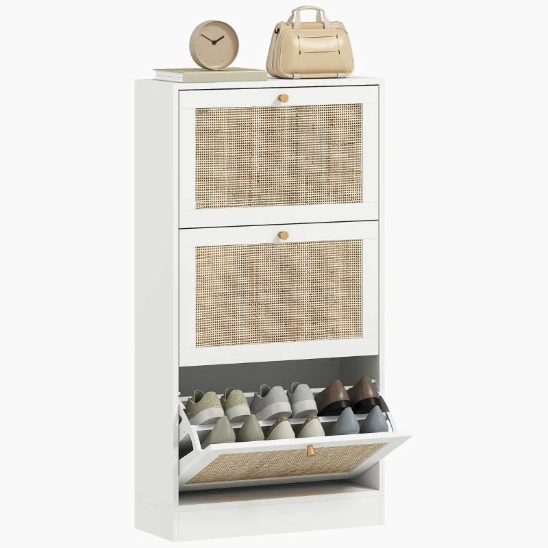 HOMCOM Rattan Shoe Storage Cabinet with 3 Flip Drawers and Adjustable Shelves, Entryway Shoe Cabinet for 18 Pairs, White