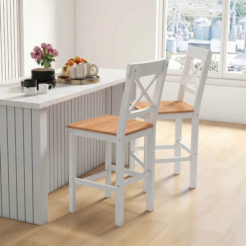 HOMCOM Counter Height Stools Set of 2, Farmhouse Bar Stools with Backs, Solid Wood Counter Stools for Kitchen Island