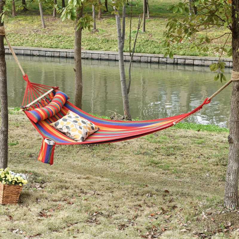 Outsunny Cotton Hammock Portable Soft Swing Sleeping w/ Headrest & Side Pocket Deluxe Swing Chair for Beach, Yard, Bedroom, Patio, Porch, Indoor, Outdoor, Rainbow Stripes